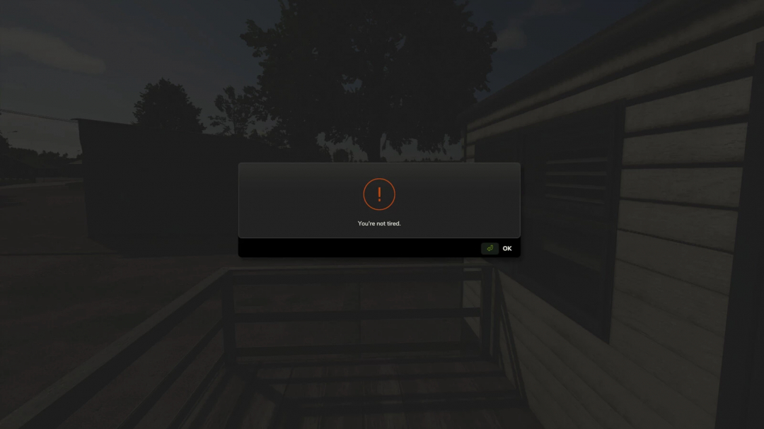 FS25 mod Real Time Sync v1.0.0.0 screenshot showing message 'You're not tired'.