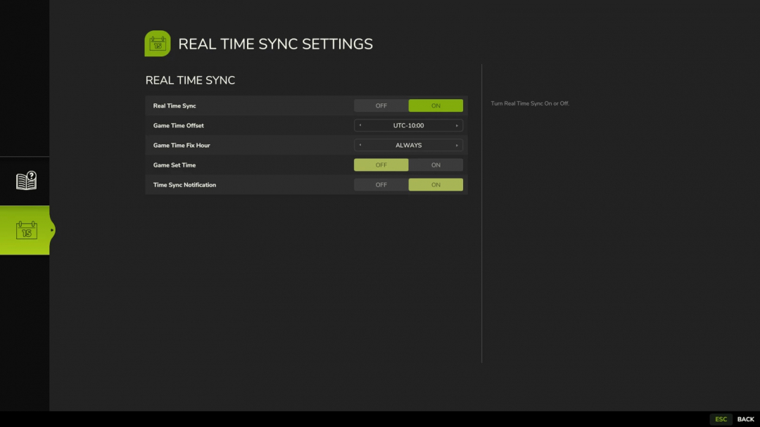 FS25 mod Real Time Sync settings screen, showing options for time offset and notifications.