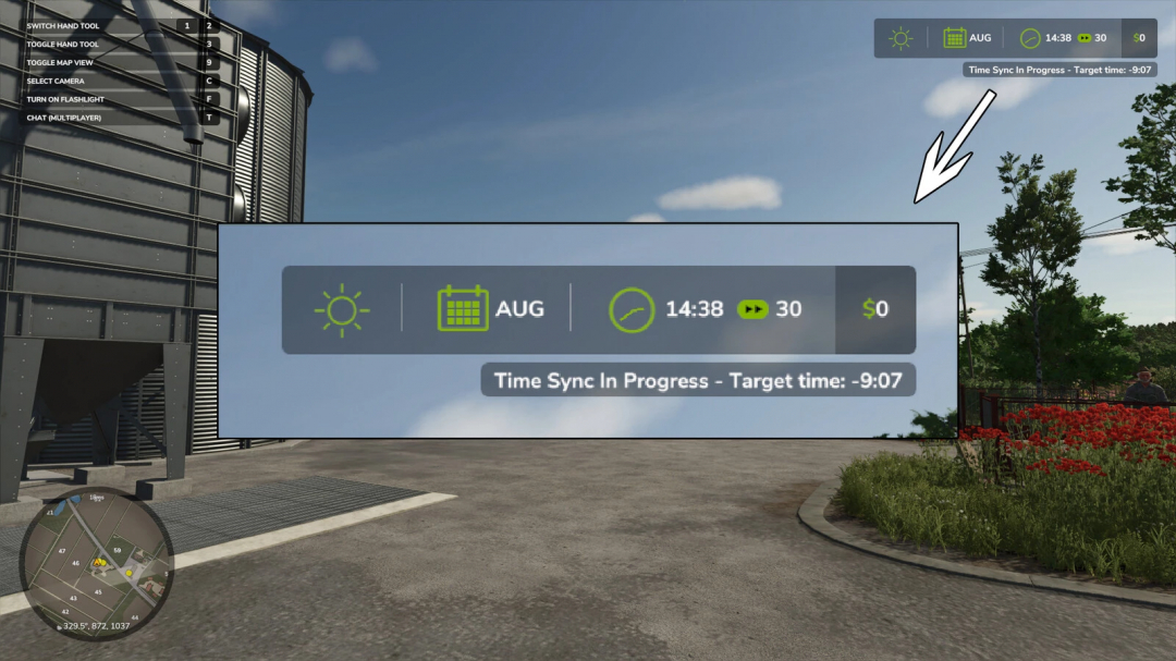 FS25 mod Real Time Sync showing a progress update on game time synchronization for Farming Simulator 25.