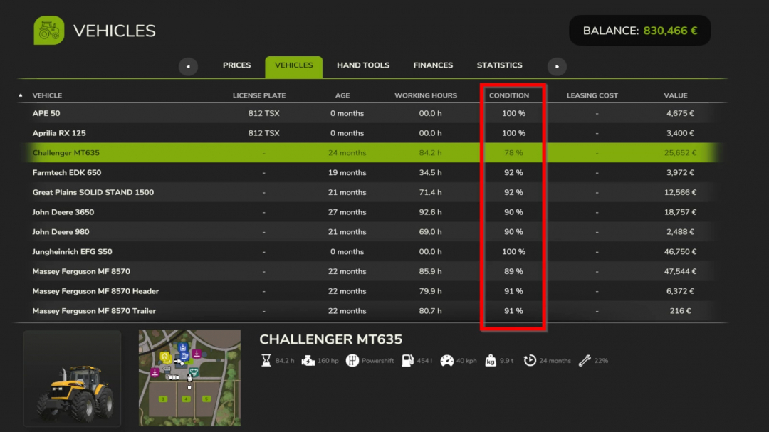 FS25 Reduce Wearout mod displaying vehicle wear conditions in a list view.