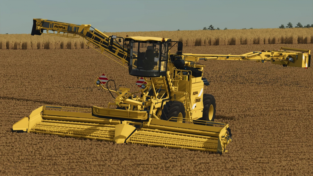 Ropa Maus 5 v1.0.0.0 mod in Farming Simulator 25, showcasing a yellow agricultural machine in a field.