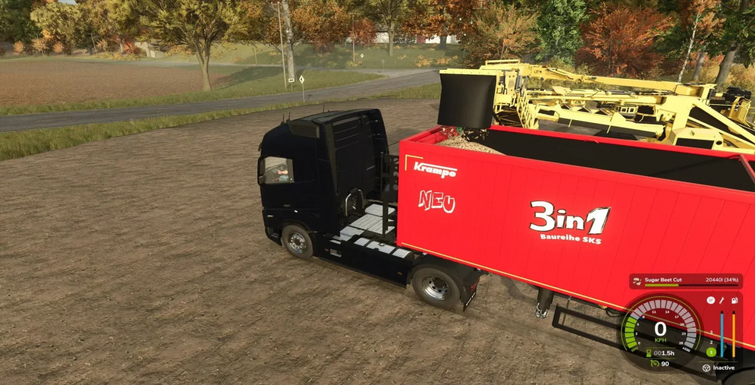 FS25 mod: Ropa Tiger 6s and Ropa Maus v1.0.0.0 with Krampe trailer in a farming field.