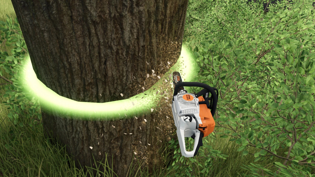 Chainsaw STIHL MS 261 C-M cutting a tree in FS25 mod Timber Sports v1.0.0.0