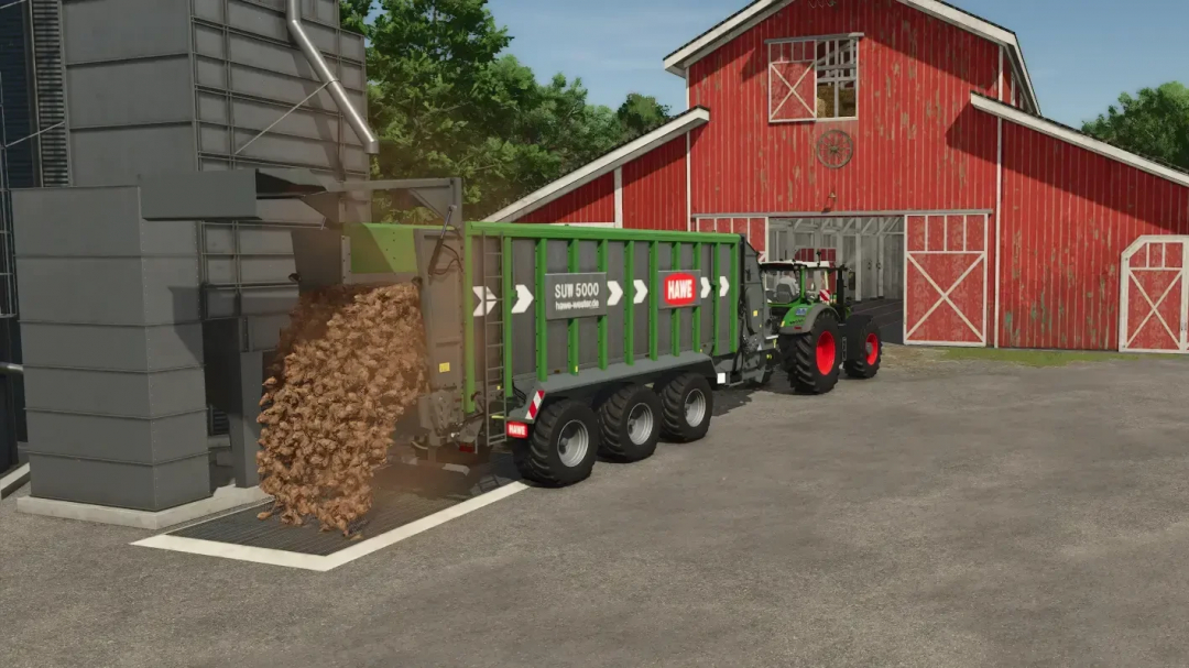 FS25 mod SUW5000 Sugarbeetcatter unloading sugar beets by a red barn.