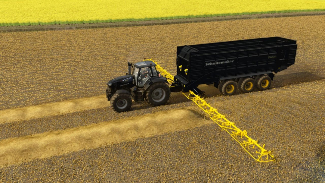 FS25 mod Schuitemaker Rapide 8400W v1.0.0.0 in field operation, showcasing a black tractor and trailer on a farm landscape.