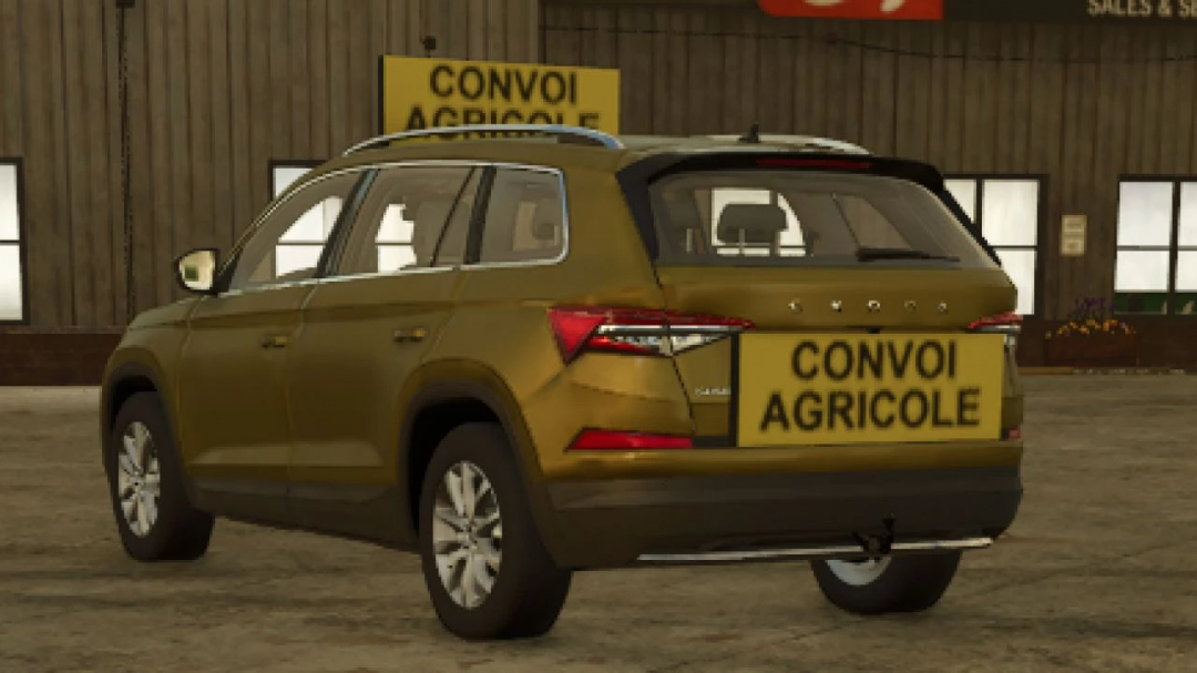 Skoda Agricultural Convoy mod for FS25 showing a yellow SUV with 'Convoi Agricole' signage.