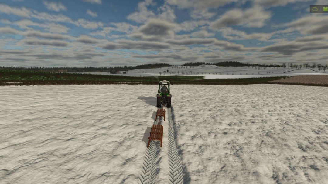 FS25 Sleds mod showing a tractor pulling sleds across a snowy field under a cloudy sky.