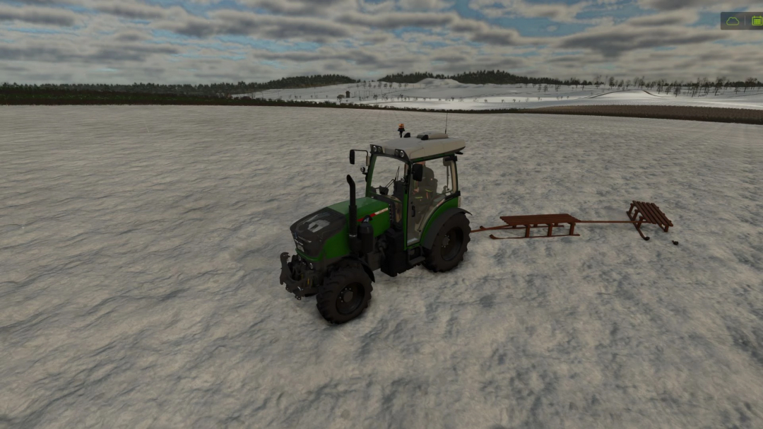 FS25 mod Sleds v1.0.0.0: Green tractor with sleds on snowy landscape in Farming Simulator 25.