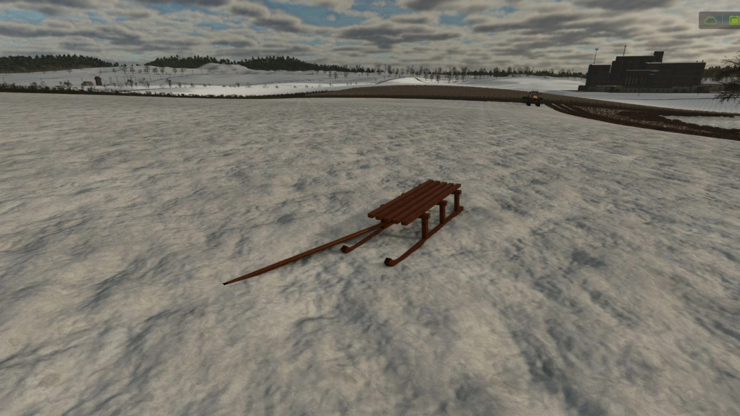 Wooden sled on snowy landscape in Farming Simulator 25, showcasing the Sleds v1.0.0.0 mod.