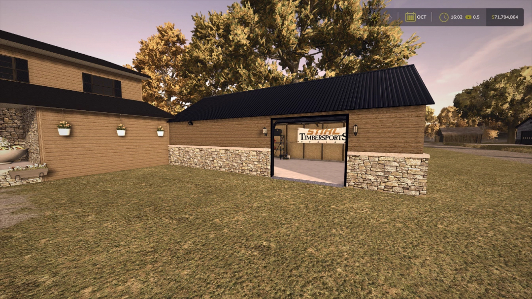 FS25 mod Small Garage Workshops v1.0.0.0 showing a rustic workshop exterior with stone accents in Farming Simulator 25.