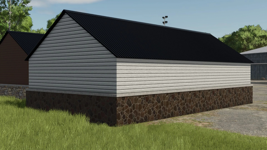 Small Garage Workshops mod in FS25 featuring a white building with stone foundation.