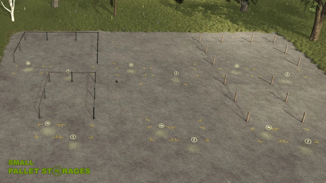 FS25 mod: Small Pallet Storages v1.0.0.0 layout overview showing designated storage areas on a field.