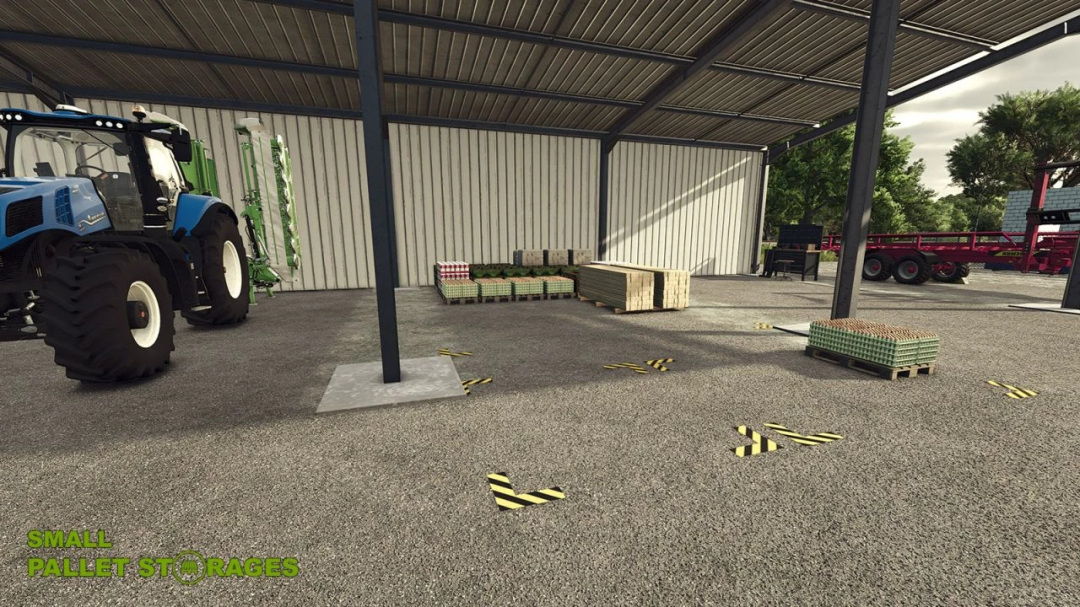 FS25 mod image of Small Pallet Storages v1.0.0.0 in a shed with pallets and a blue tractor.