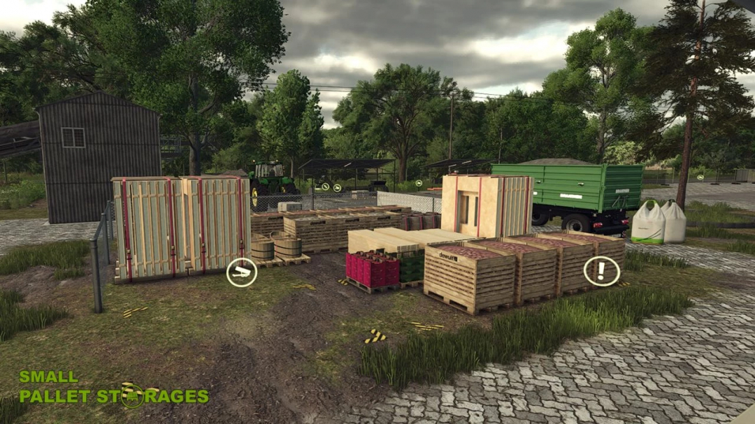 FS25 Small Pallet Storages v1.0.0.0 mod showing organized pallets and storage containers in a farm setting.