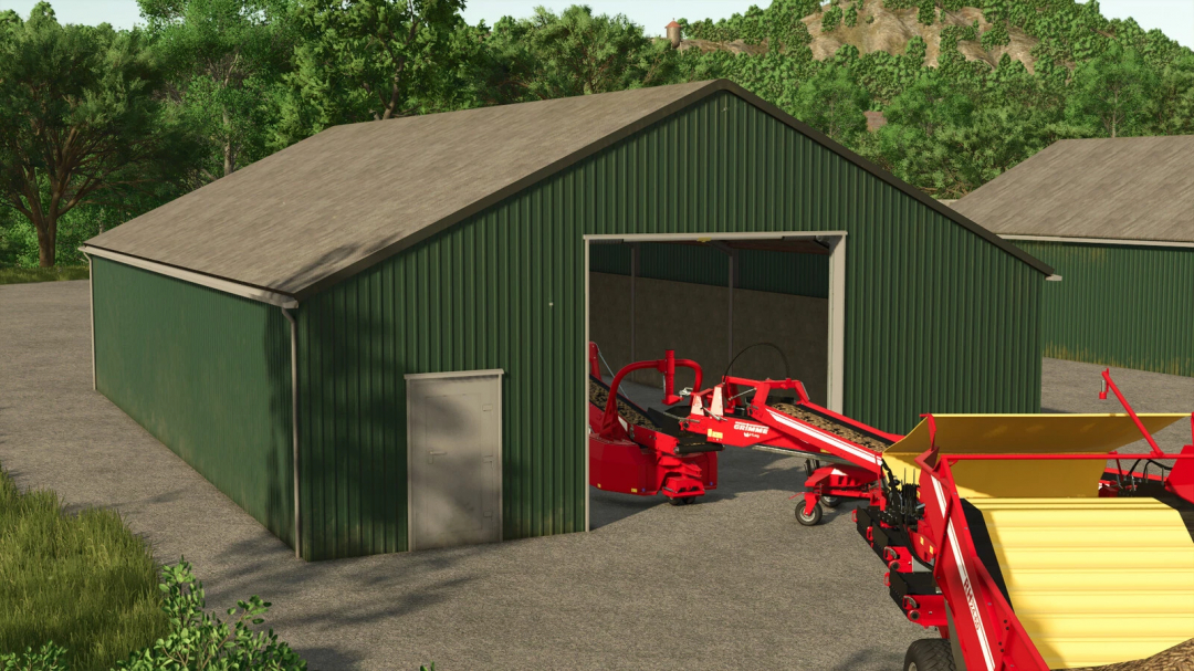 Green shed in Farming Simulator 25 with red farming equipment, part of the Small Shed Pack v1.0.0.0 mod.