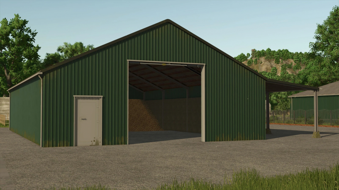 Green metal shed from Small Shed Pack mod in Farming Simulator 25.