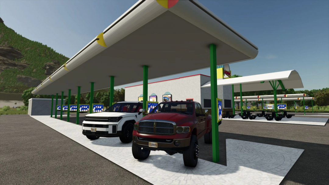 FS25 mod Sonic v1.0.0.0 showing vehicles at a drive-in restaurant with green pillars and menu boards.