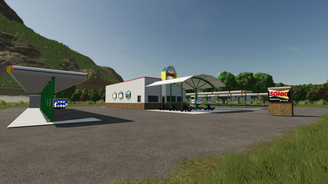 FS25 mod image of Sonic drive-in with outdoor seating area, sign, and surrounding landscape.