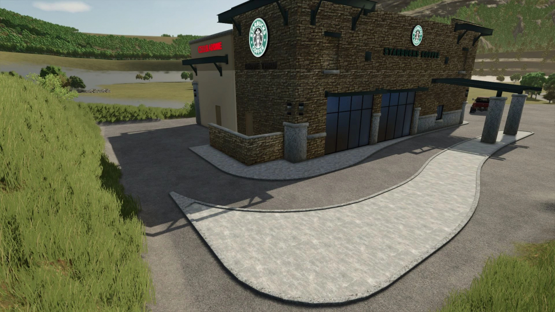 Image of Starbucks mod in Farming Simulator 25, showcasing a detailed coffee shop building in a rural setting. FS25 mods, Farming Simulator 25 mods.