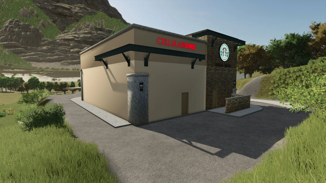 Starbucks mod building in FS25 landscape, featuring a modern design with surrounding greenery. FS25 mods enhance gameplay.