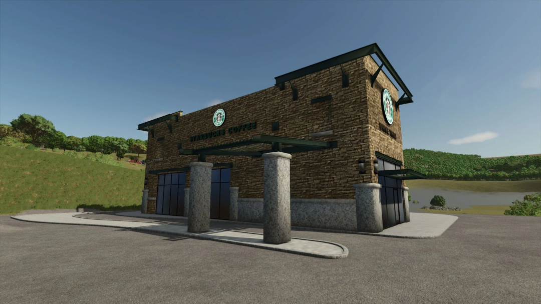 Starbucks mod in FS25 shows a detailed coffee shop model with rural scenery. Farming Simulator 25 mods.