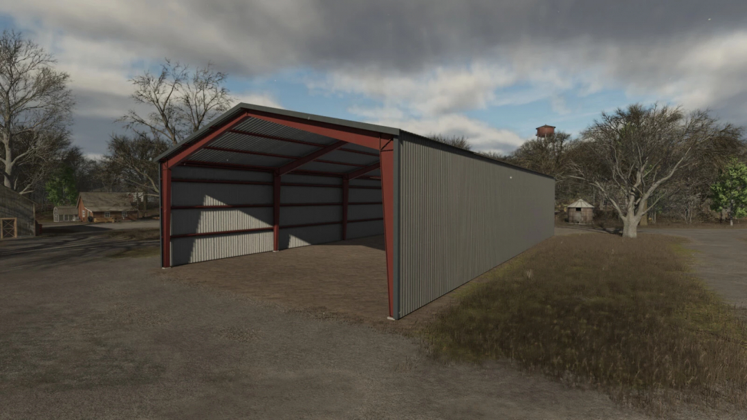 Steel Hall mod for FS25 showing a large open steel structure in a rural setting.