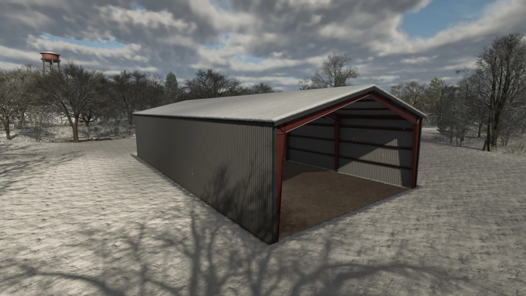 Steel Hall mod in Farming Simulator 25, showing a large metal structure in a snowy landscape.