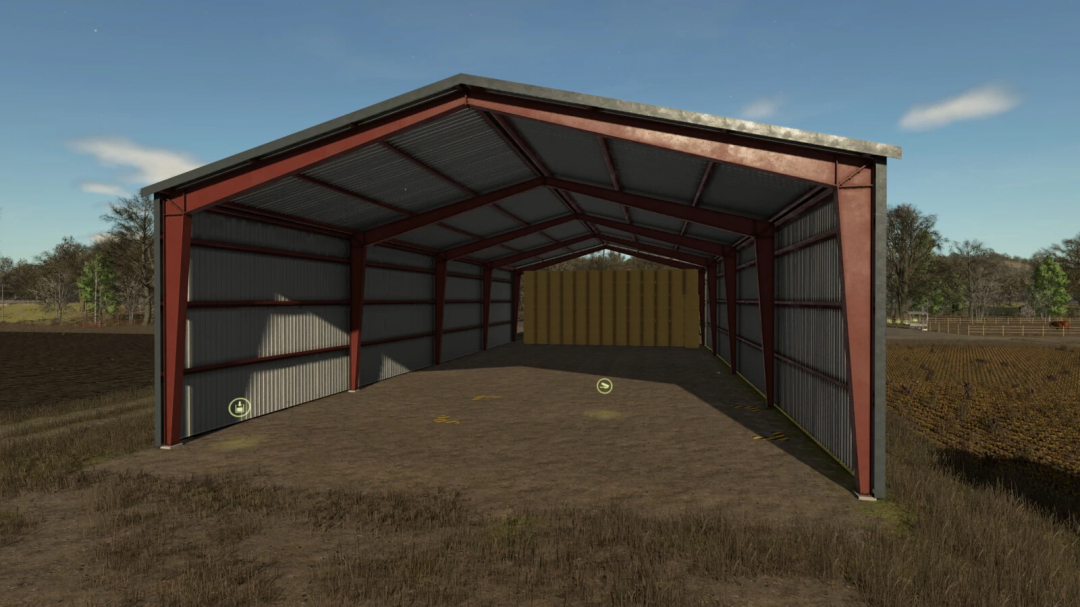 Steel Hall v1.0.0.0 mod for FS25, an open-sided barn in a rural landscape, used for Farming Simulator 25.