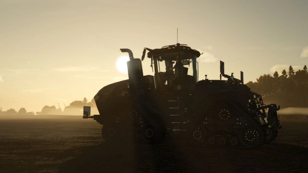 FS25 mod Steiger 715 Black Edition features a powerful tractor silhouette at sunrise.