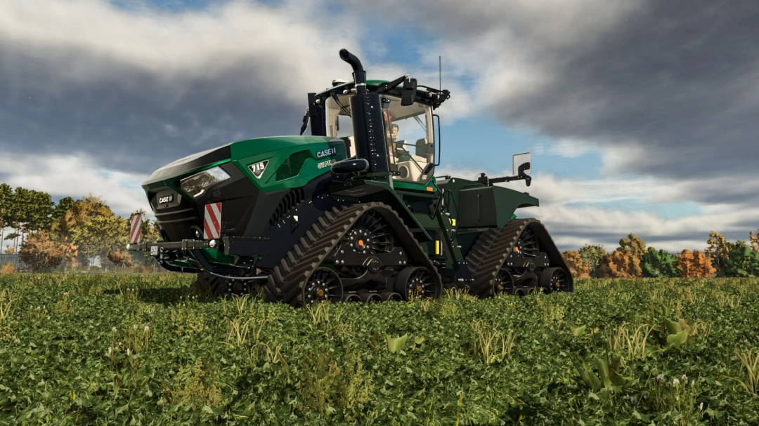 Steiger 715 Green Edition mod for FS25, featuring a tracked tractor in a field under a cloudy sky.