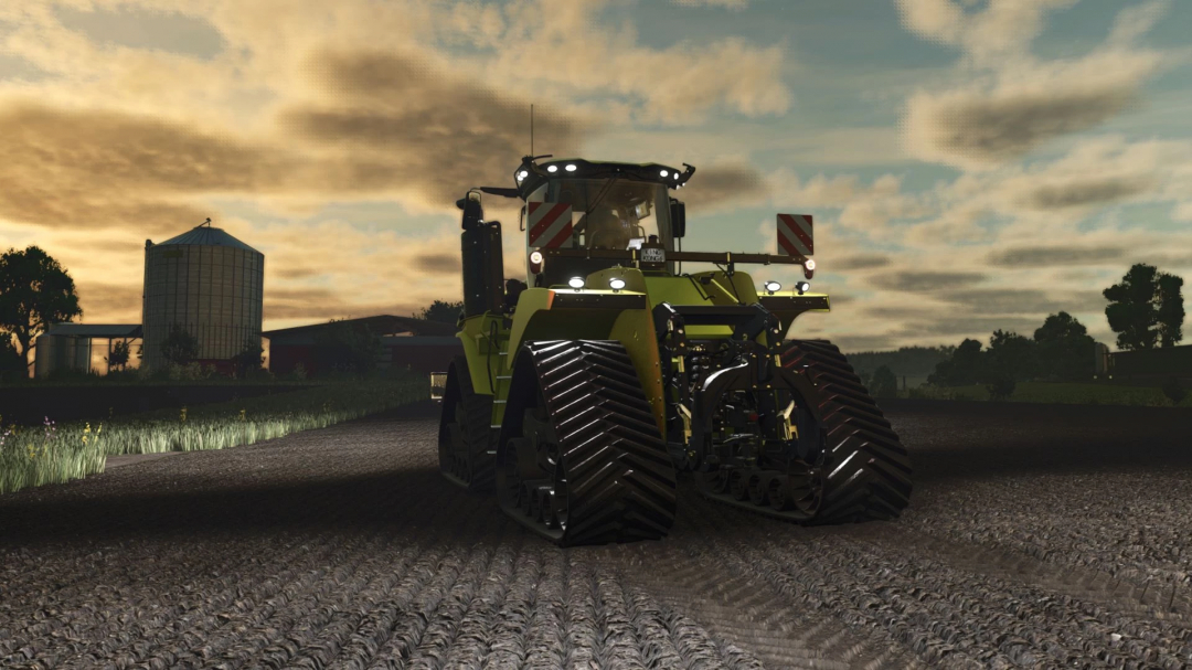 Steiger 715 Yellow Version mod in FS25 at dusk, featuring a large tractor on a farm with silos in the background.