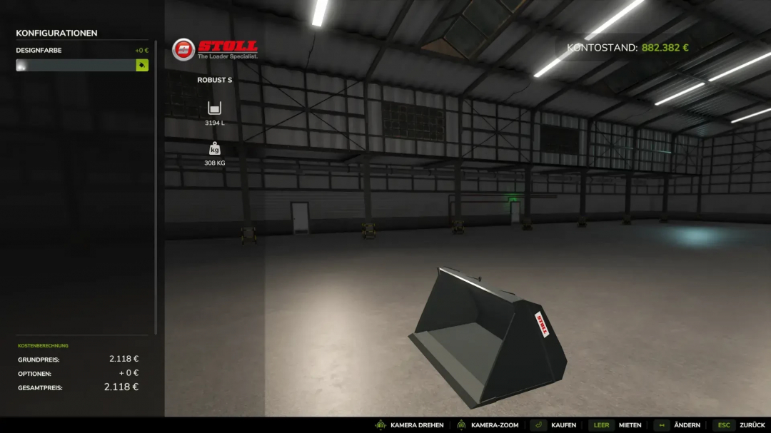 FS25 Stoll Robust S front loader shovel in a warehouse setting, version 1.0.0.3 mod for Farming Simulator 25.