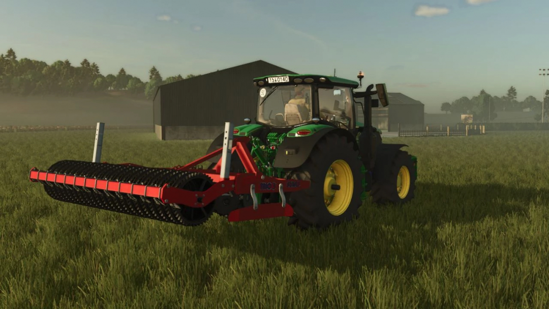 FS25 mod Sumo Trio 3 v1.0.0.0 shows a tractor with a red soil roller in a grassy field.