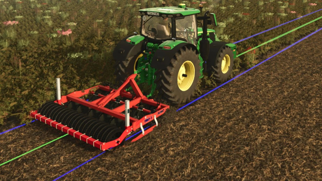 FS25 mod Sumo Trio 3 v1.0.0.0 cultivator tool attached to a tractor in Farming Simulator 25.