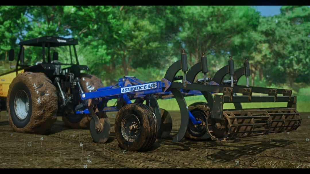 FS25 mod TATU ASTMATIC 550E v1.0.0.0 attached to a tractor in a field, showcasing farming equipment in Farming Simulator 25.