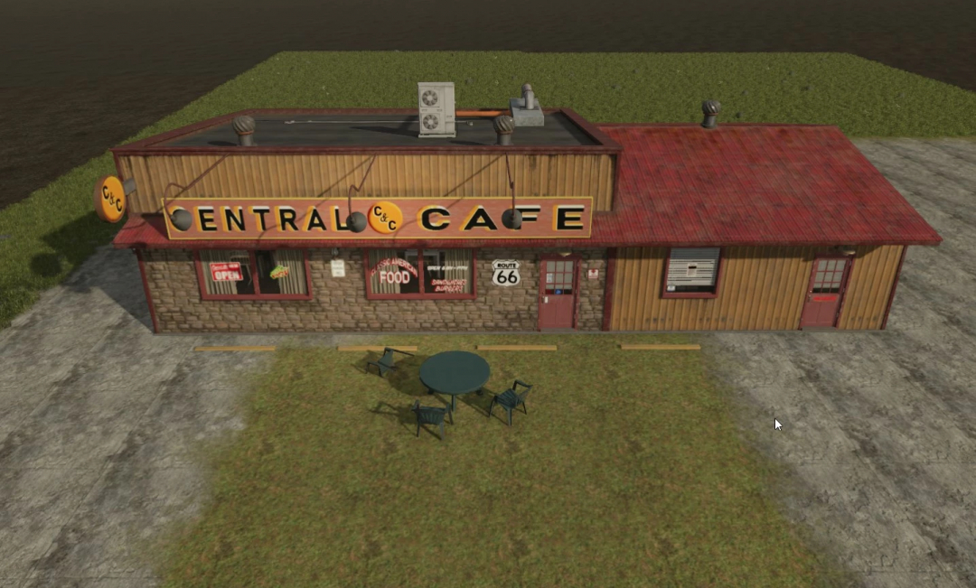 Central Cafe on US Flatlands Map in FS25 mod with Route 66 sign and outdoor seating.