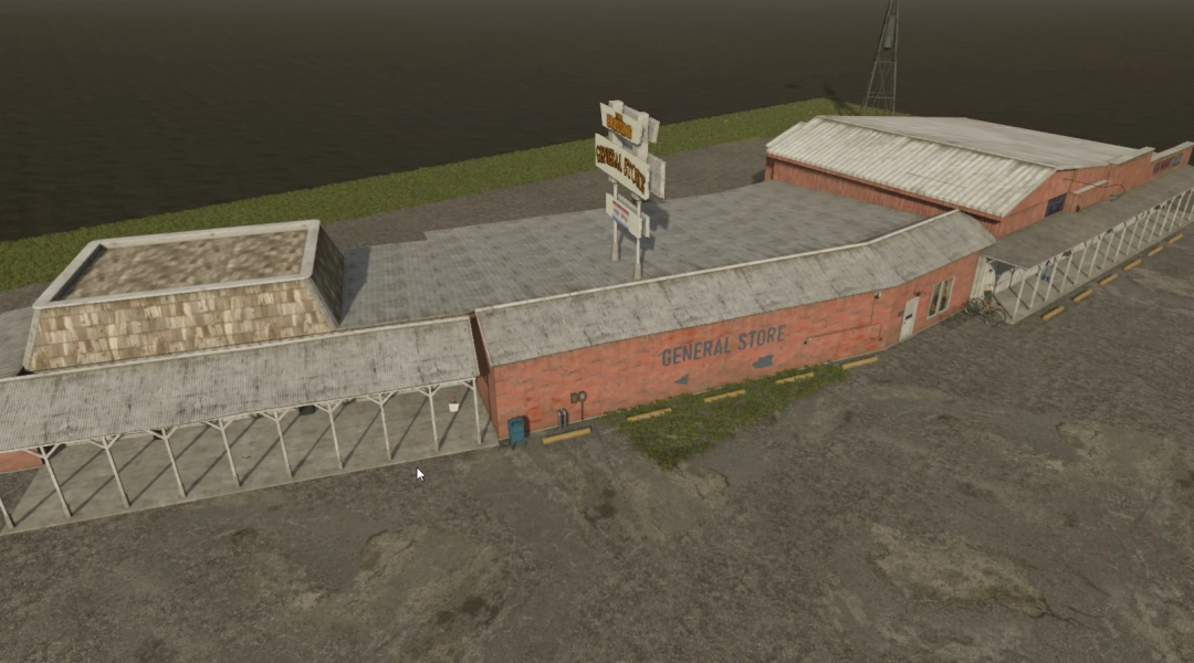 FS25 US Flatlands Map v2.0.0.0 features a general store building in a rural setting.