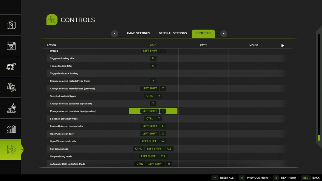 FS25 mod Universal Autoload v0.0.0.17 controls settings screen.