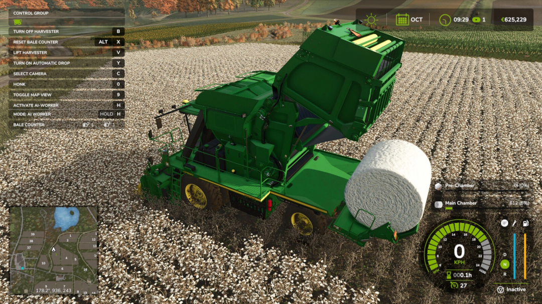 FS25 mod Unload Bales Early shows a green harvester unloading a large bale in a cotton field.