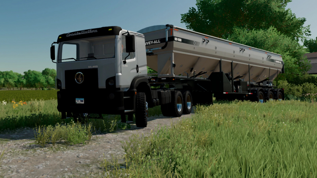 VW Constellation truck mod in FS22, towing a large trailer on a farm path, surrounded by greenery.