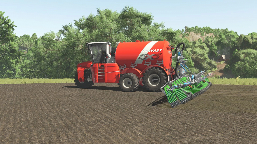 Vervaet HydraoTrike XL mod in FS25, red agricultural machine on a field with trees in the background.