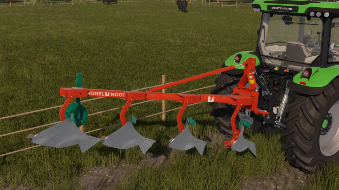 FS25 mod showcasing Vogel&Noot Farmer M850 plow attached to a tractor in a grassy field.