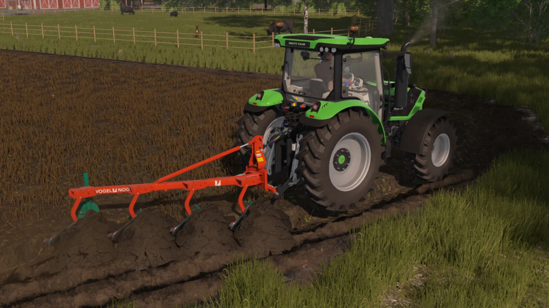 FS25 mod: Vogel & Noot Farmer M850 plow attached to a Deutz-Fahr tractor on a field.