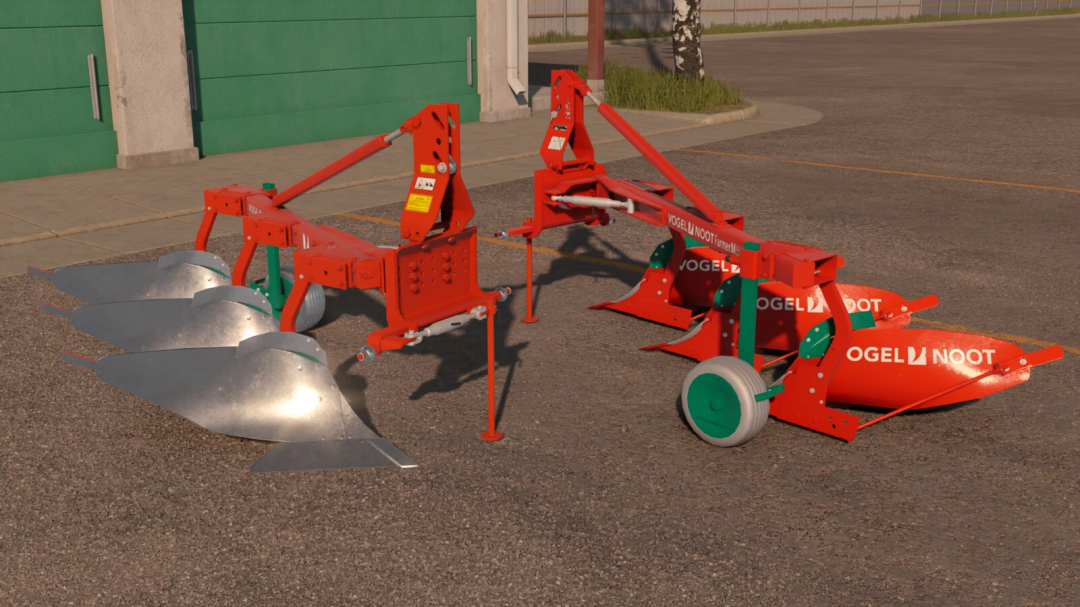 Vogel&Noot Farmer M850 Pack v1.0.0.0 plow mod for FS25, showing a red and silver plow on pavement.