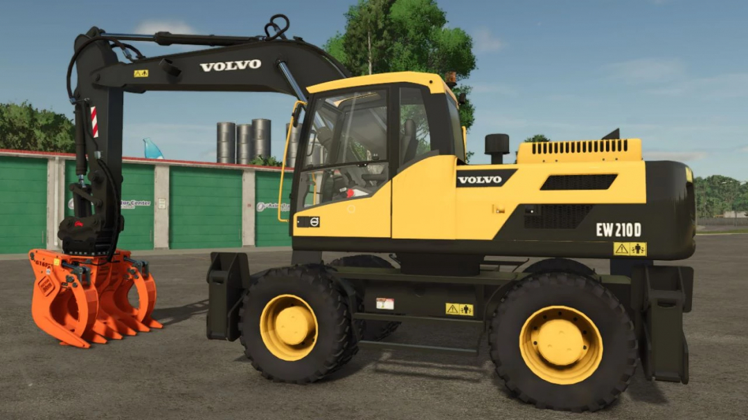 Volvo EW210D mod for Farming Simulator 25, showcasing a detailed excavator model in a virtual farm setting.