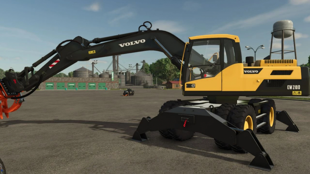 Volvo EW210D excavator mod for Farming Simulator 25, showcasing detailed design in a virtual farm environment.