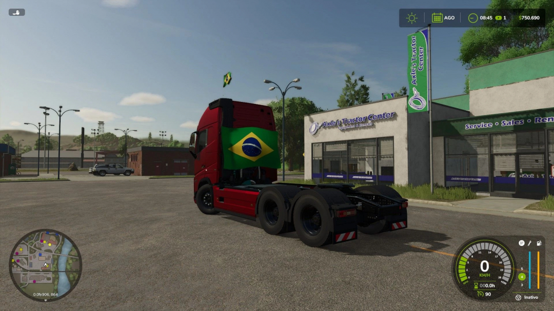 FS25 mod Volvo FH16 BR parked at Axle's Tractor Center, featuring Brazilian flag in Farming Simulator 25.