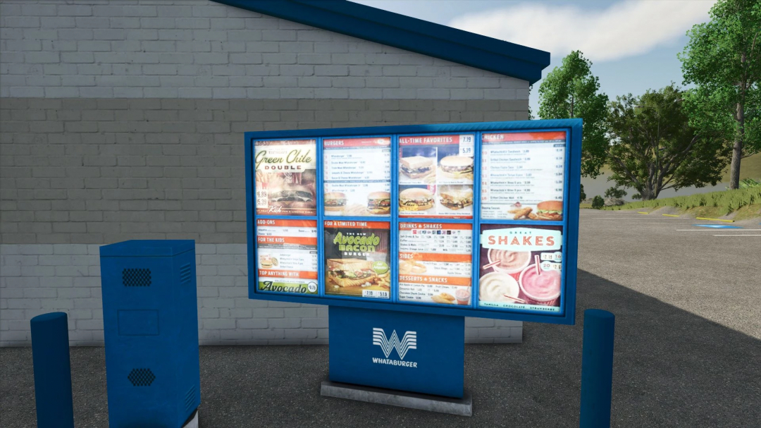 Whataburger menu board in Farming Simulator 25 mod, showcasing a drive-thru setting. FS25 mods feature realistic restaurant elements.