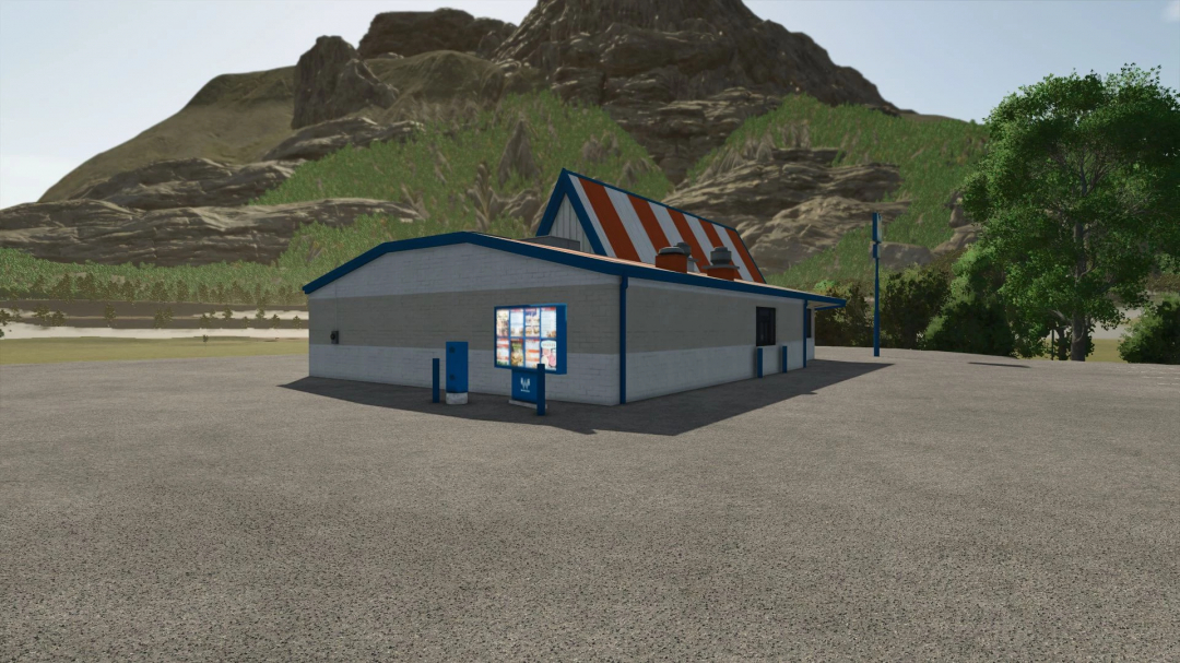 Whataburger restaurant mod in FS25 with mountain backdrop