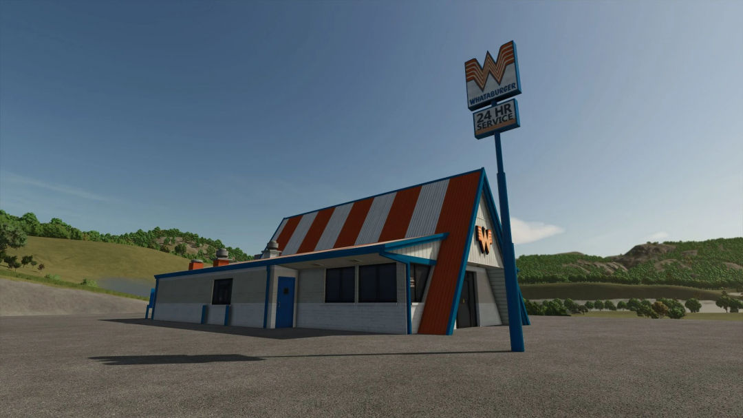 Whataburger mod in Farming Simulator 25 showing a restaurant building against a rural landscape.